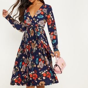 Navy Floral Long Sleeve Pleated Midi Dress